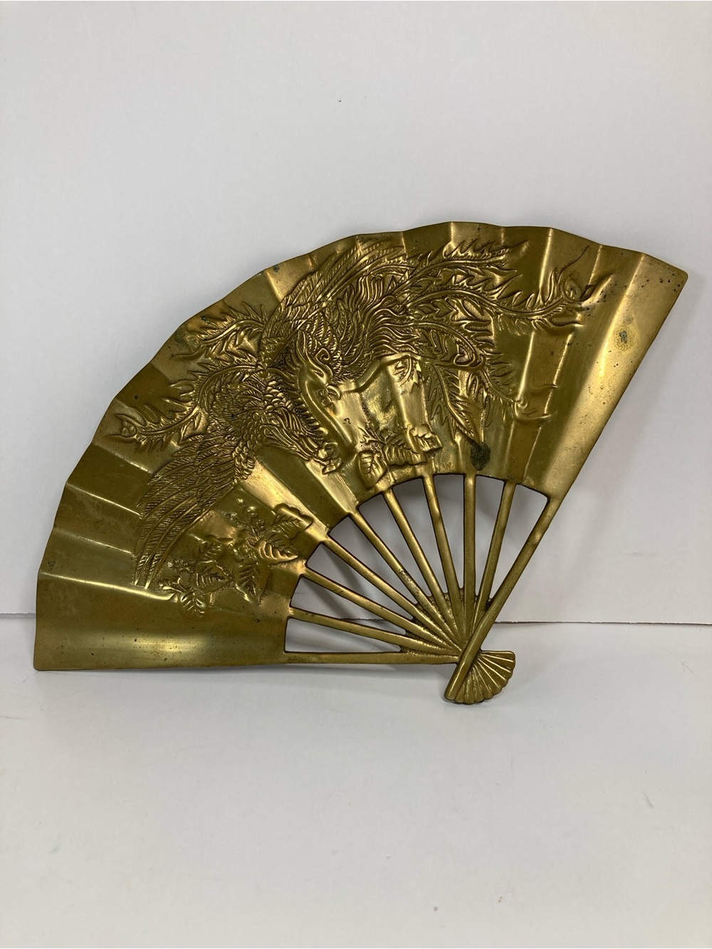 Vintage Solid Brass Oriental Folding Hand Fan Phoenix Wall Decor MCM